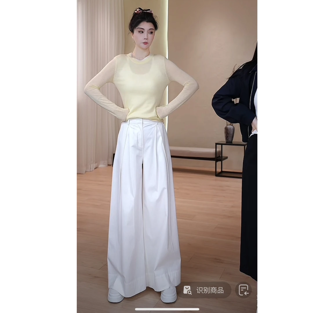 PM王囡囡 “清纯白花” 白色拉链休闲阔腿裤 ND1A0124