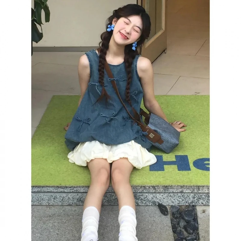 甜美少女感套装立体蝴蝶结花苞上衣女大童夏季白色百褶短裙两件套