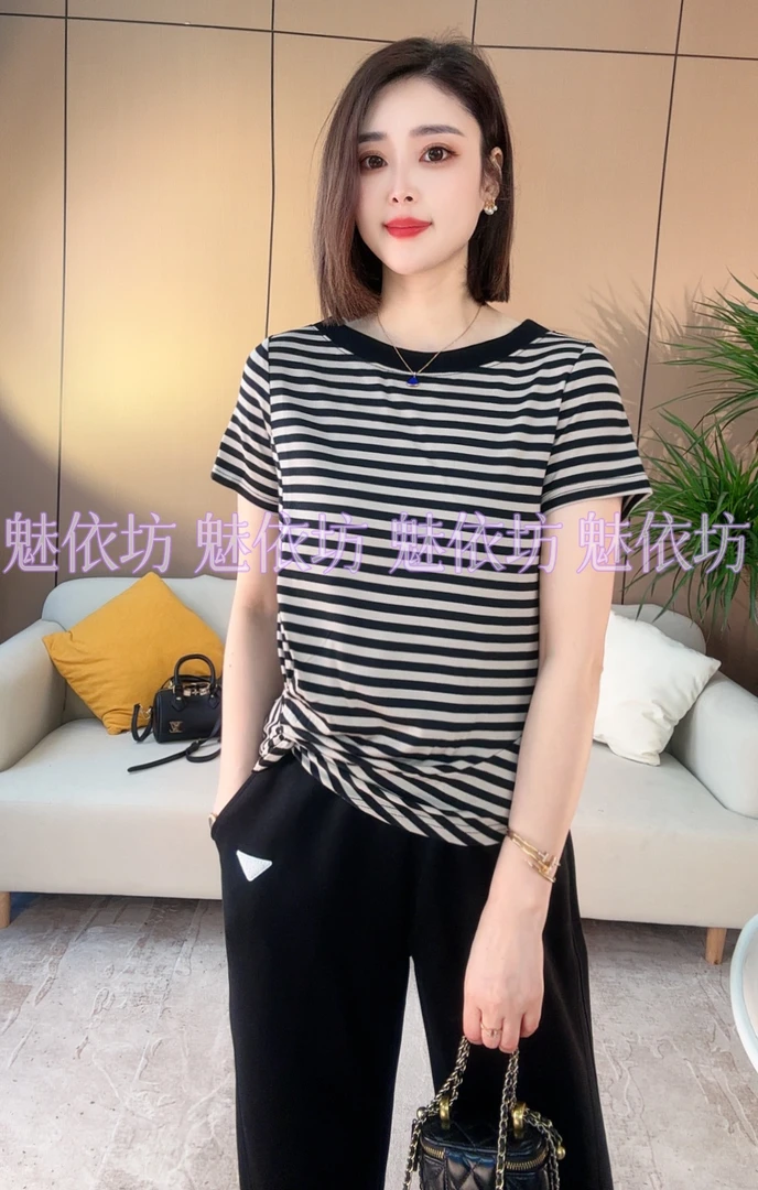 夏季新款简约百搭条纹黑白女装短袖502