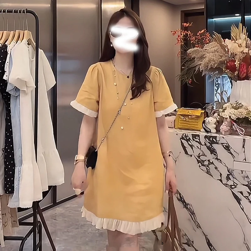 韩系设计感拼接圆领连衣裙女士夏季新款宽松显瘦日常通勤T型裙子