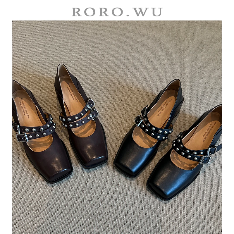 娆娆吴·头层牛皮复古个性双扣带方头高跟日常百搭气质单鞋A45