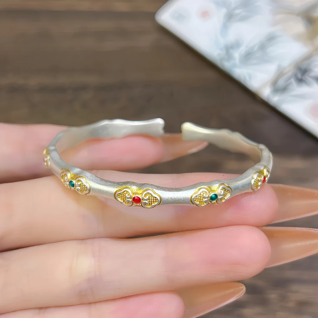 999足银描金如意手镯新中式国风珐琅彩竹节送对象节日礼物