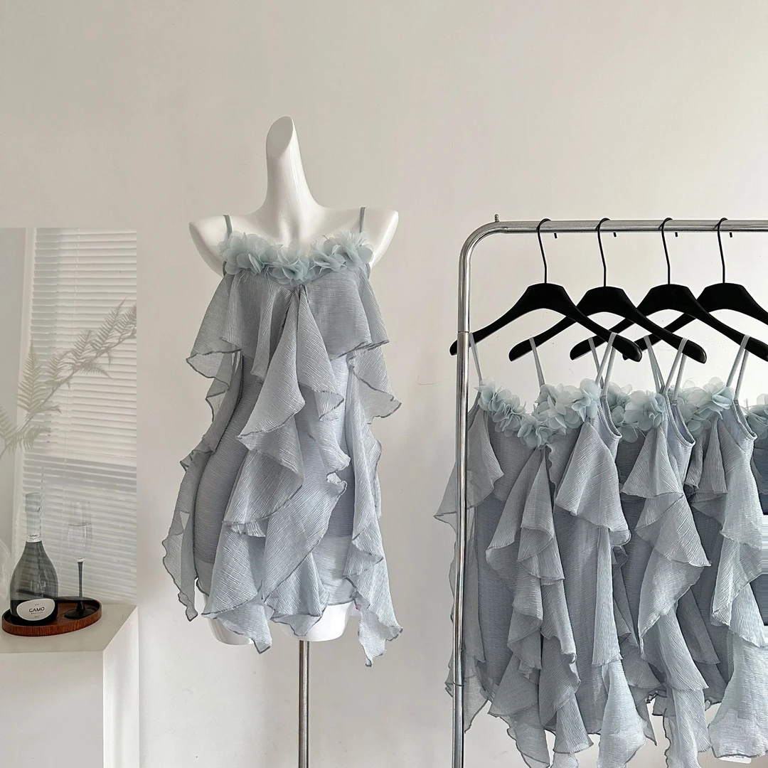 『欣幸』翩翩如梦多层荷叶边v领雪纺吊带连衣裙花朵海边度假裙女