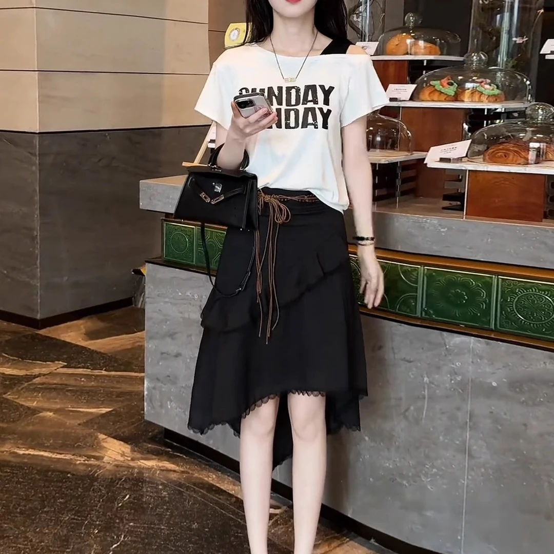 2025夏季新款女士时尚套装减龄露肩短袖T恤不规则半身裙两件套潮
