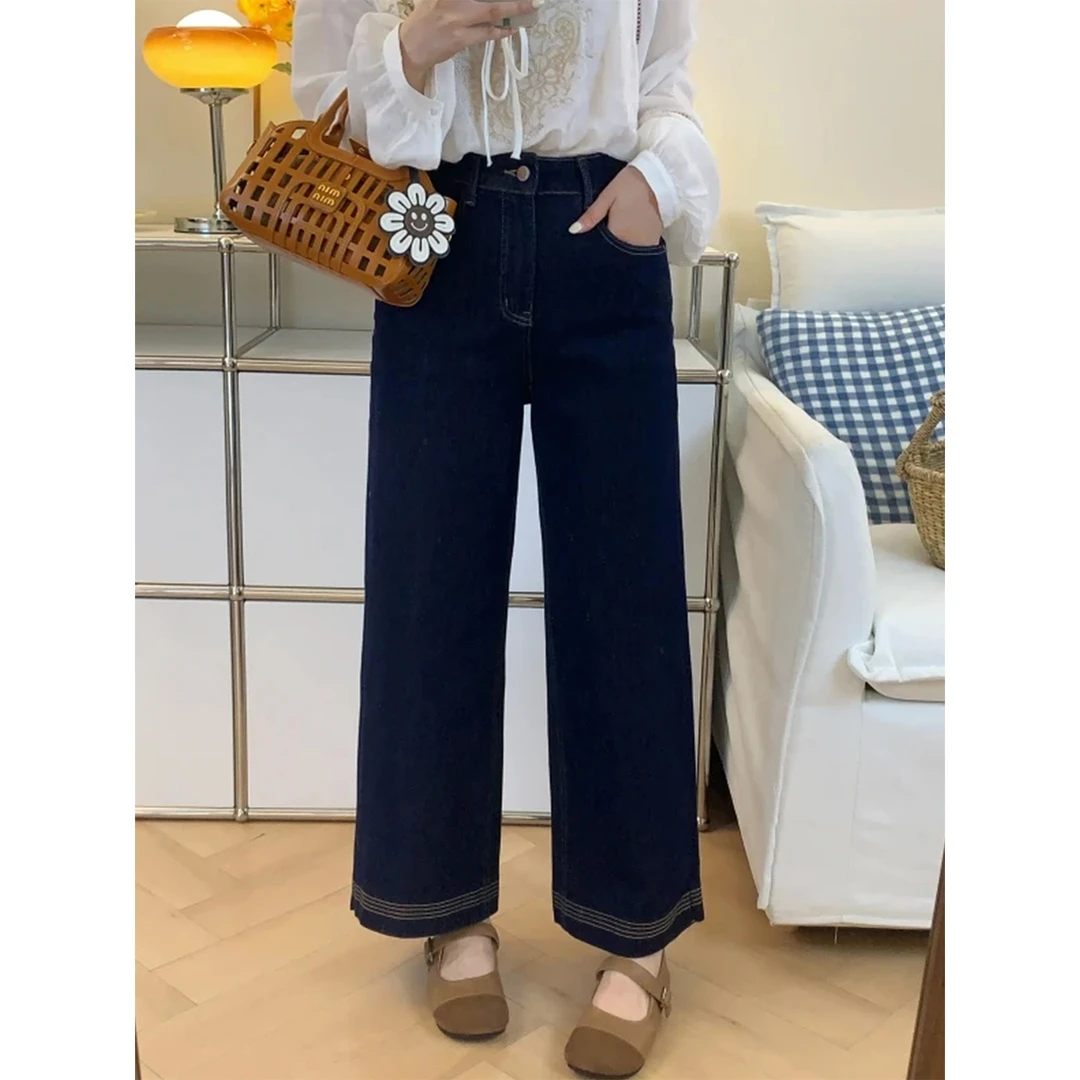 深蓝色阔腿牛仔裤女秋季新款大码梨型身材宽松显瘦九分直筒裤裤子