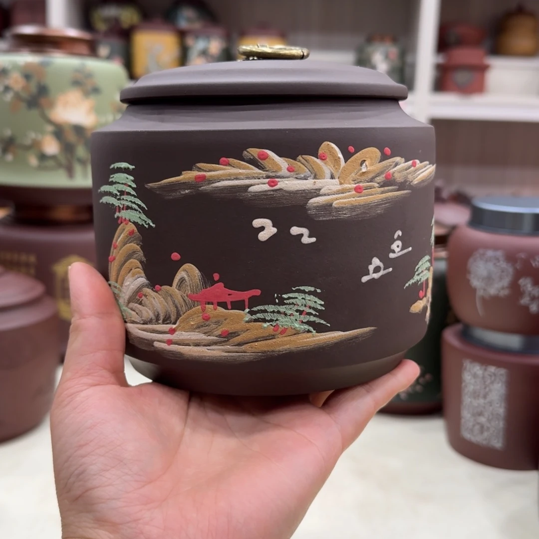 紫砂茶叶罐紫泥五月江山如画