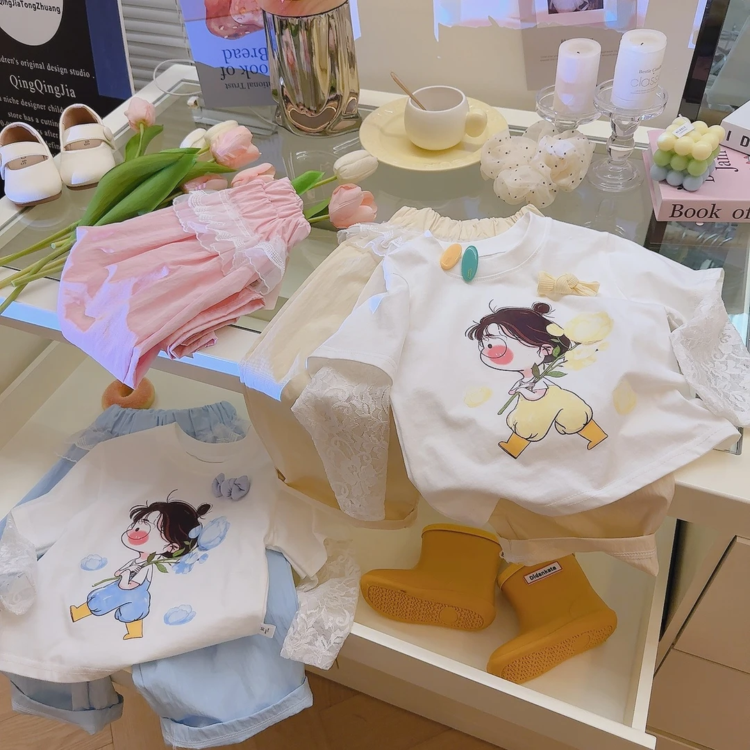 女童套装2025夏季新款洋气儿童蕾丝短袖T恤两件套中小童卡通家居