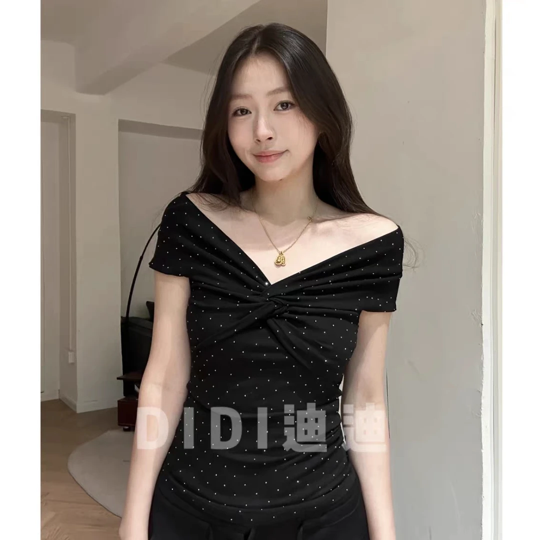 MeiDu夏季黑色复古烫钻一字肩休闲显瘦短袖T恤显瘦纯欲女上衣