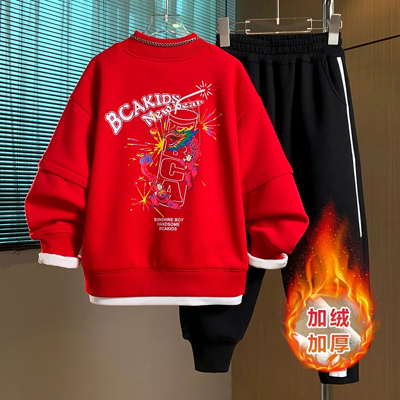 BCA男童冬季新款中大童男孩加绒保暖中国红运动套装DF-套装2882