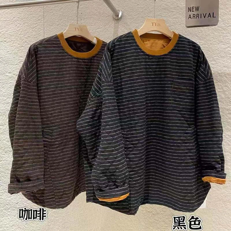 TY57736圆领外套女韩版休闲宽松大码条纹中长款夹棉2025秋冬新款