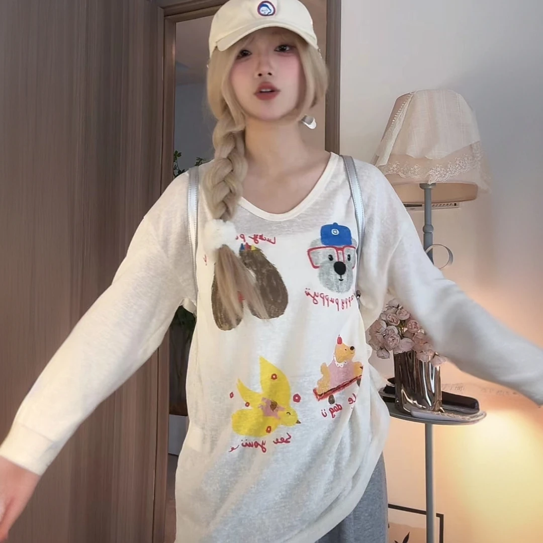 春夏新款慵懒风字母动物印花长袖t恤女宽松显瘦百搭设计感上衣ins