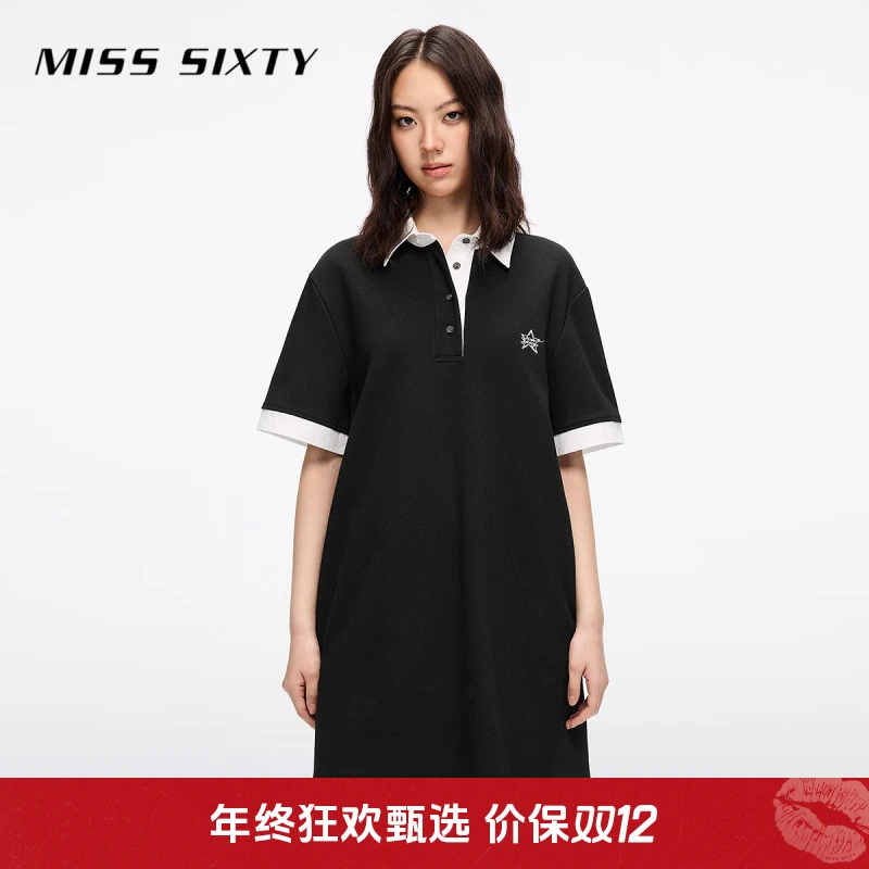 Miss Sixty2025夏季新款连衣裙女翻领撞色宽松短裙美式复古运动风