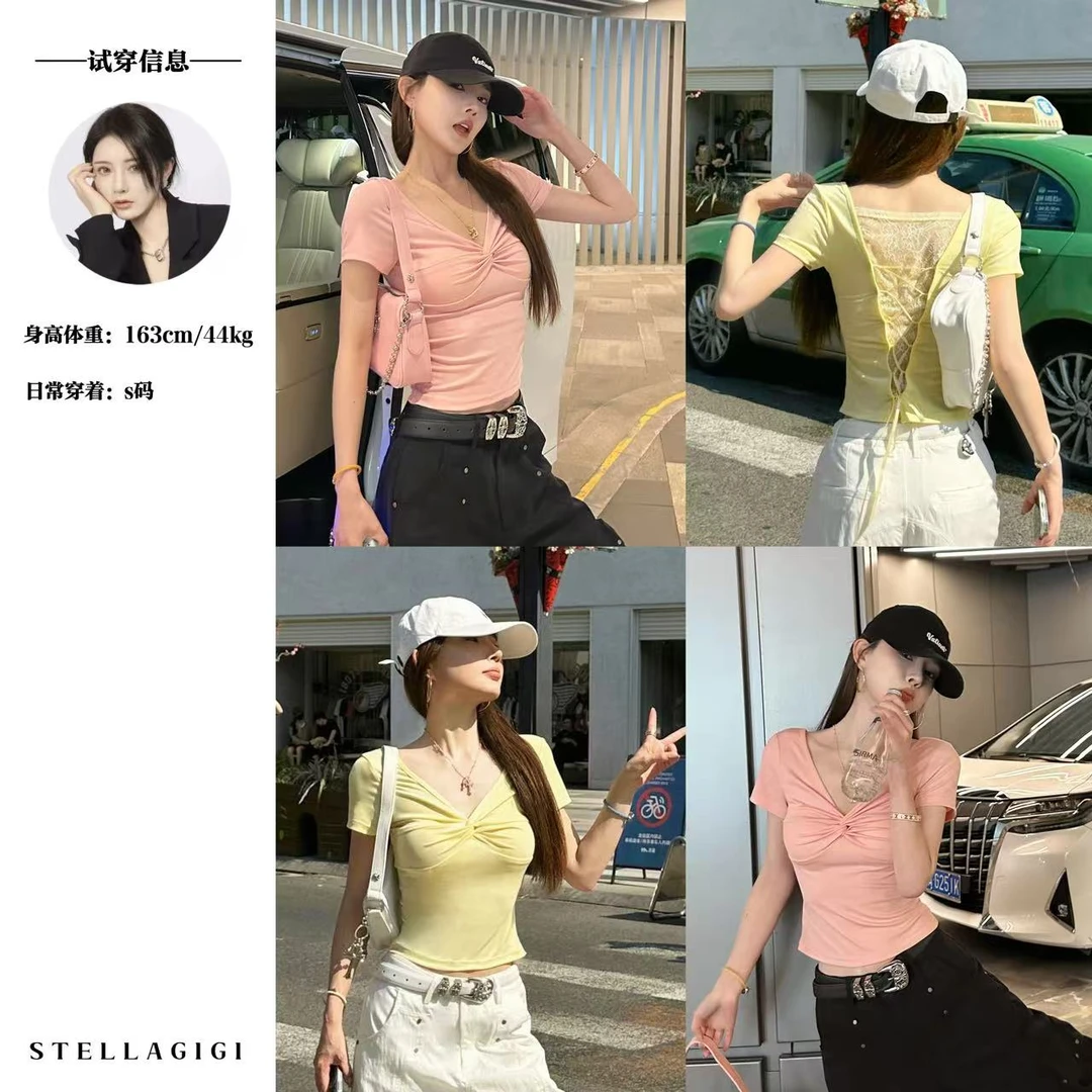 SG / 杨依姗 SS后背蕾丝拼接绑带V领纽结短袖T恤T-20250739
