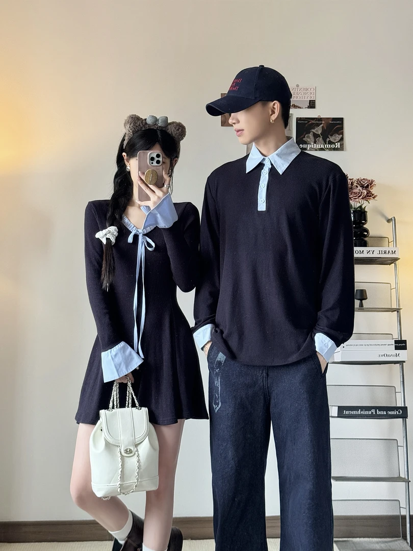 情侣装长裙A字裙设计感连衣裙高腰V领韩版长袖假两件针织衫