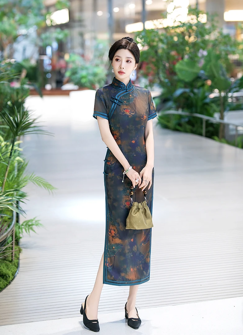 【336】（衣长125cm）重工重缎高腰气质旗袍