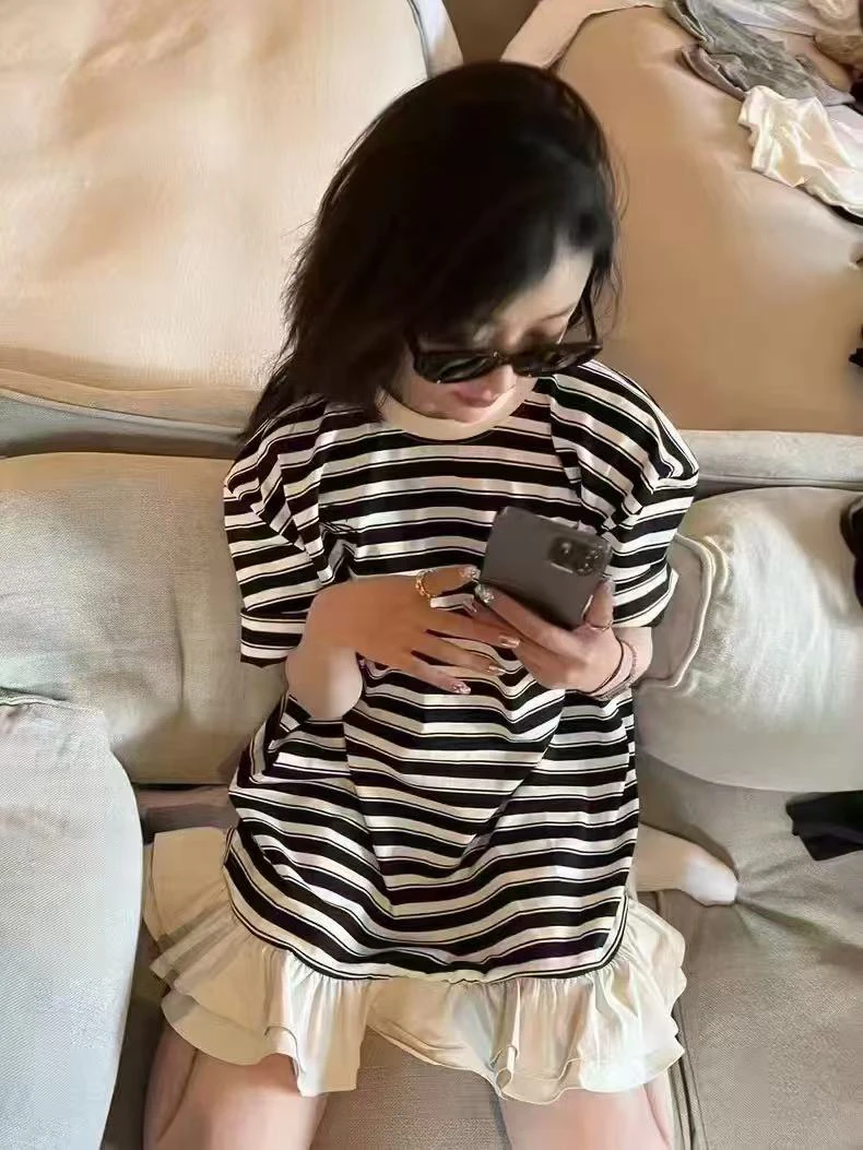 夏季新款韩版宽松慵懒风甜美气质减龄荷叶边鱼尾裙条纹连衣裙