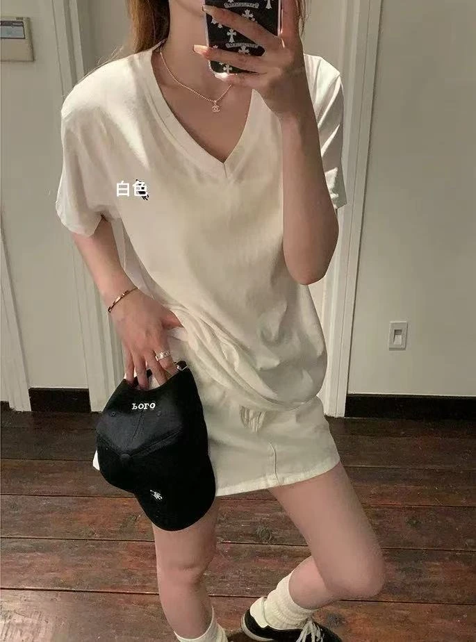 【NO退NO换】【刺绣T】韩系ins风V领显瘦短袖T恤16169  衣长58