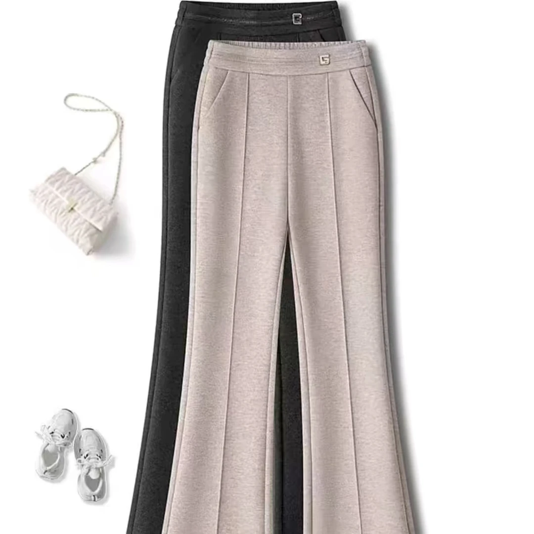 924秋冬新款加绒加厚毛呢高腰微喇裤