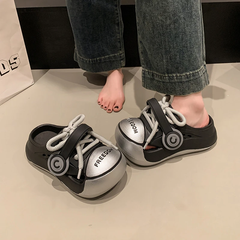 小众时尚厚底包头凉拖鞋女外穿2025年春季新款百搭绑带防滑洞洞鞋