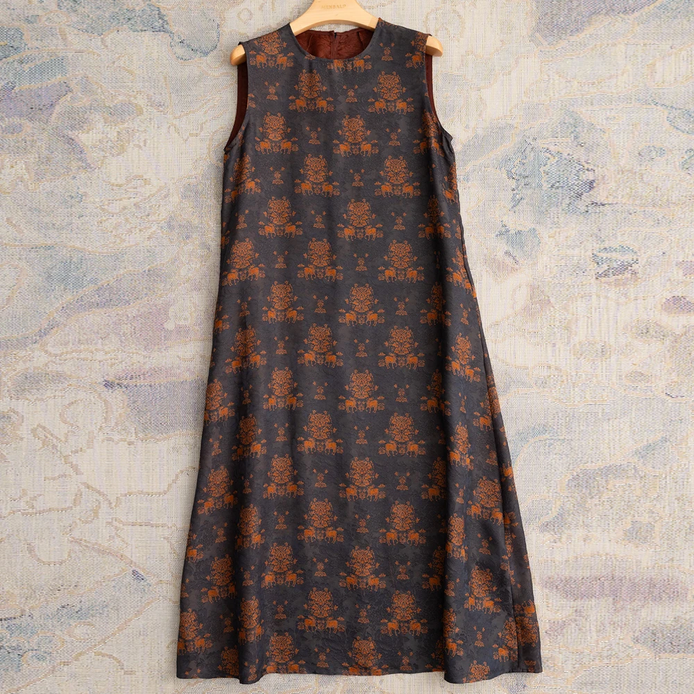 【白雪.荐选】桑蚕丝中式连衣裙祥意团花提花暗纹香云纱连衣裙C323