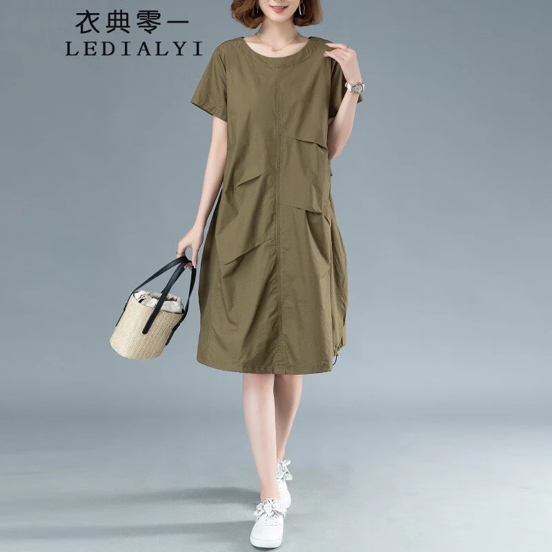 纯棉连衣裙女夏季2025新款中年休闲宽松显瘦遮肚子中长款裙子夏天