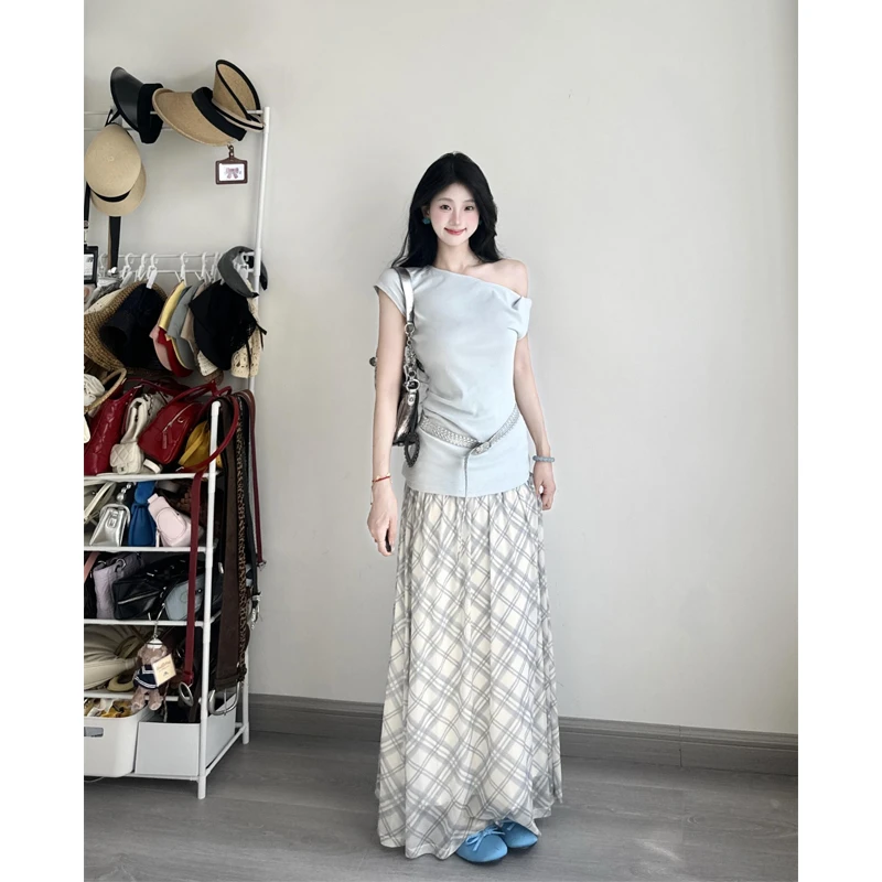 MARIE.COCO蓝色斜肩露肩短袖t恤上衣女夏季高腰格子半身裙套装