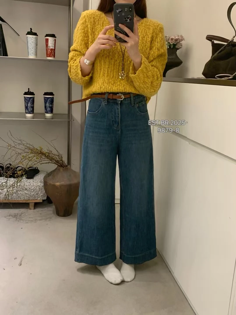 高品质四面弹小个子直筒阔腿牛仔裤女宽松显瘦高腰遮胯休闲九分裤