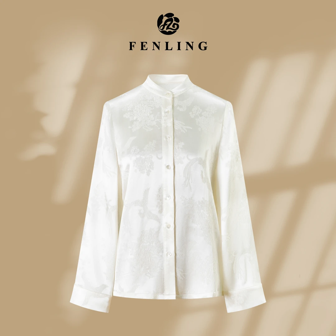 芬领-凤凰花-2025春季新品高定真丝桑蚕丝冠乐缎长袖衬衫SY1916