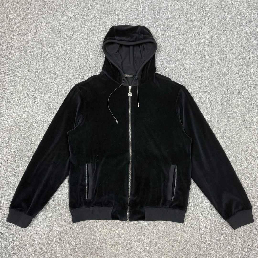 99新 VERSACE/范思哲 12882005黑色丝绒拼皮美杜莎人像外套 M码