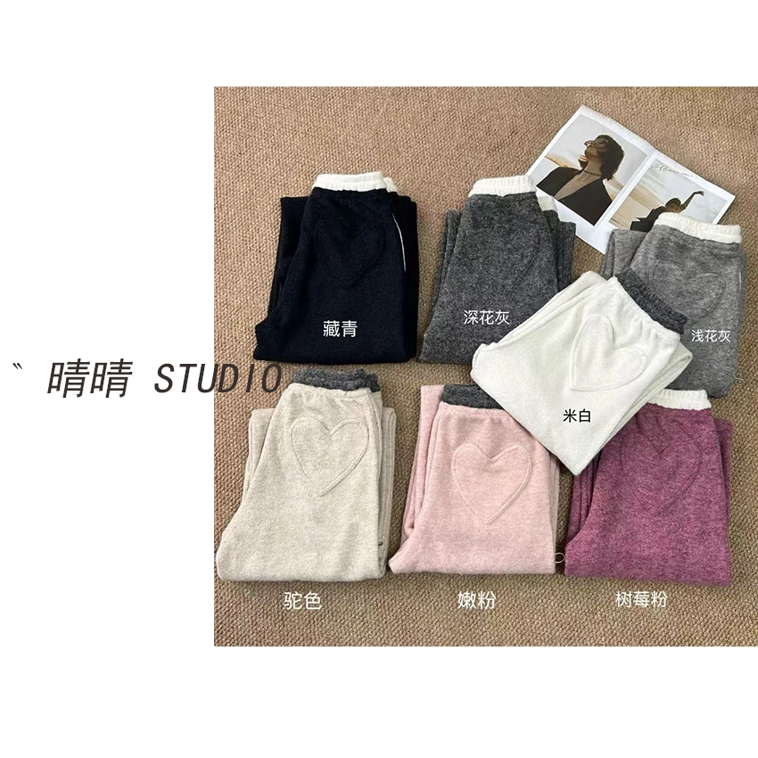 晴晴家【段彩纱澳毛裤】软糯毛撞色休闲抽绳爱心兜长裤1806
