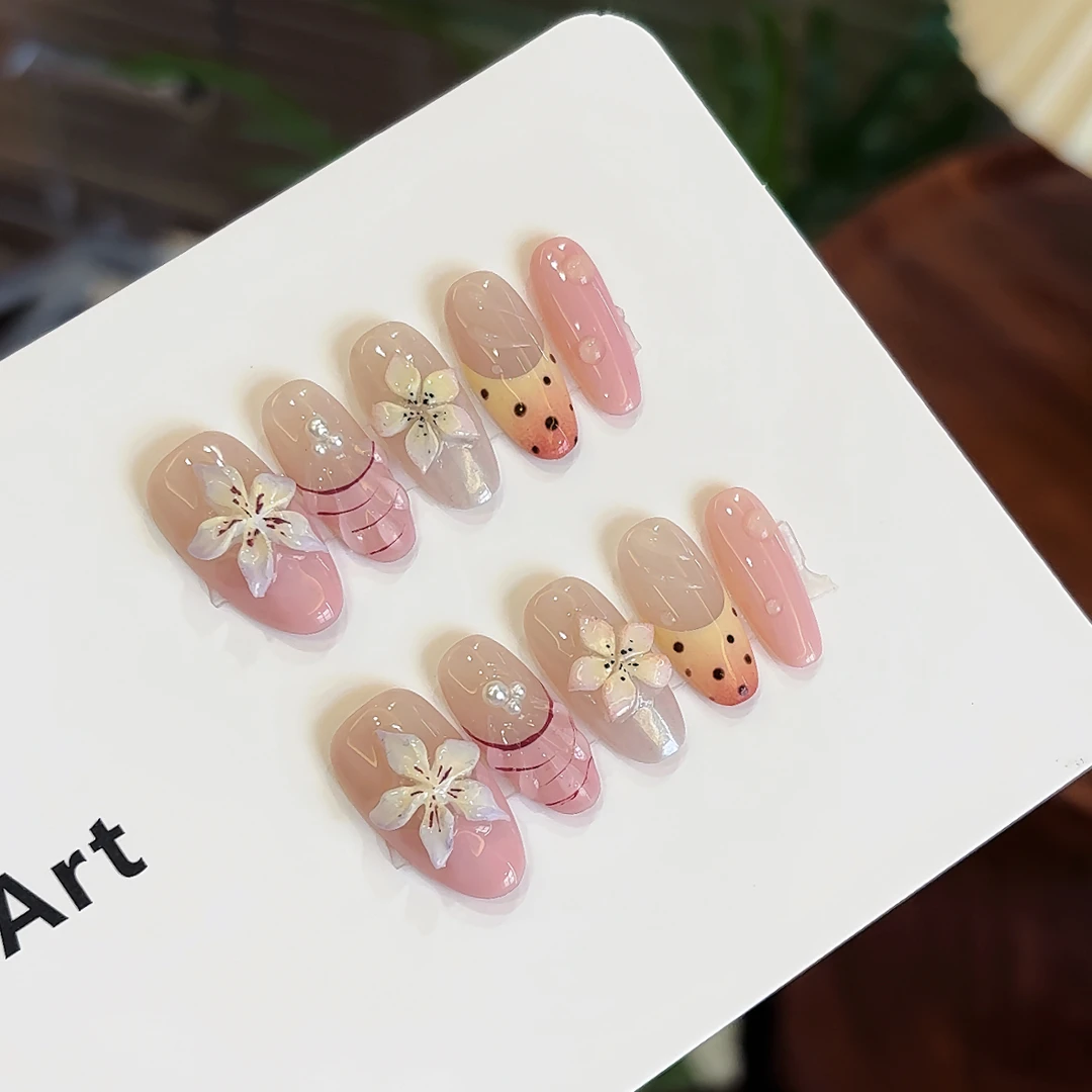 纯手工【蜜粉百合】仙气浮雕百合花裸色日常显白氛围感高级穿戴甲