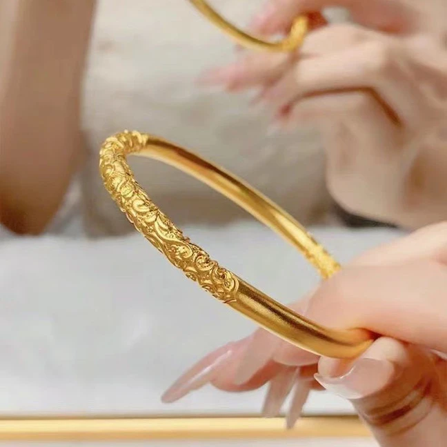 铜合金手镯 紫荆花卷草纹手镯古法素圈女中古风久不掉色闭口轻奢