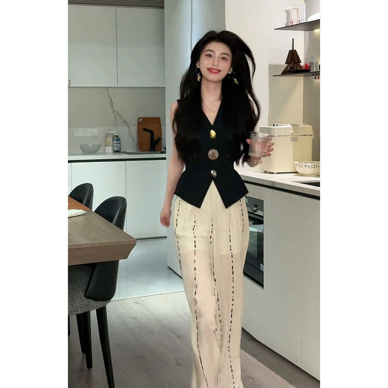A2053#夏季新款女法式高级感V领无袖上衣气质高腰显瘦条纹阔腿裤