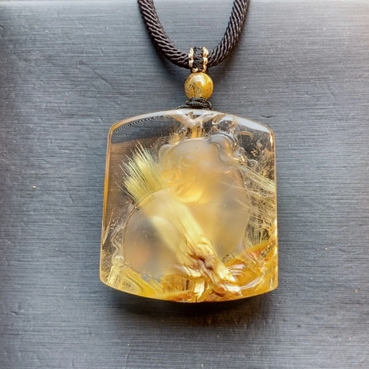 颈饰未镶嵌发晶天然金发晶生肖发财猪无事牌