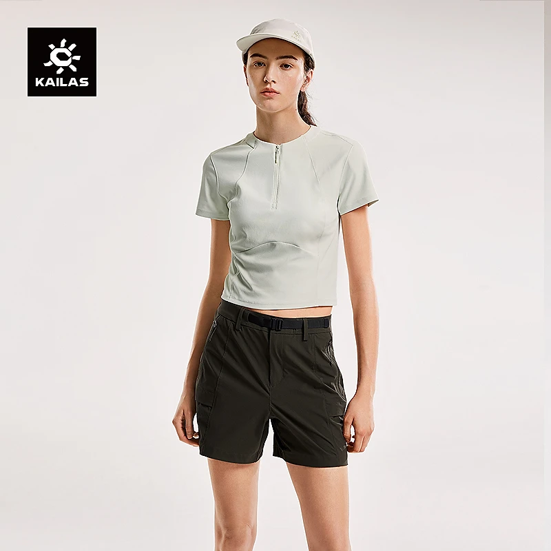 KAILAS凯乐石速干T恤徒步修身短款抑菌立领半开胸短袖女KG2517222