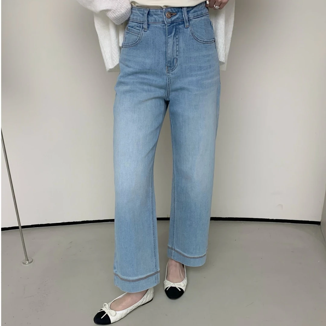 ZHANG&O2 韩系简约百搭舒适柔软高腰直筒牛仔裤 22942