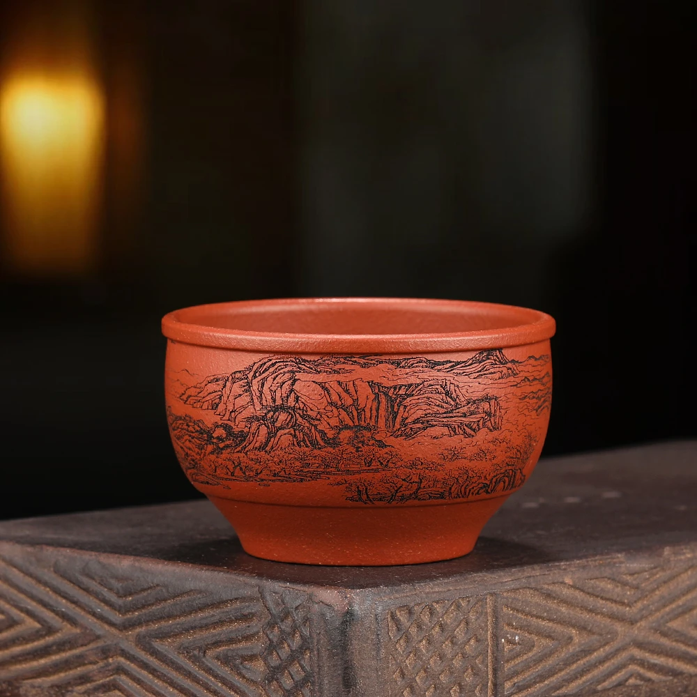 原矿紫砂主人杯 小红泥 精雕细刻 桃源杯10