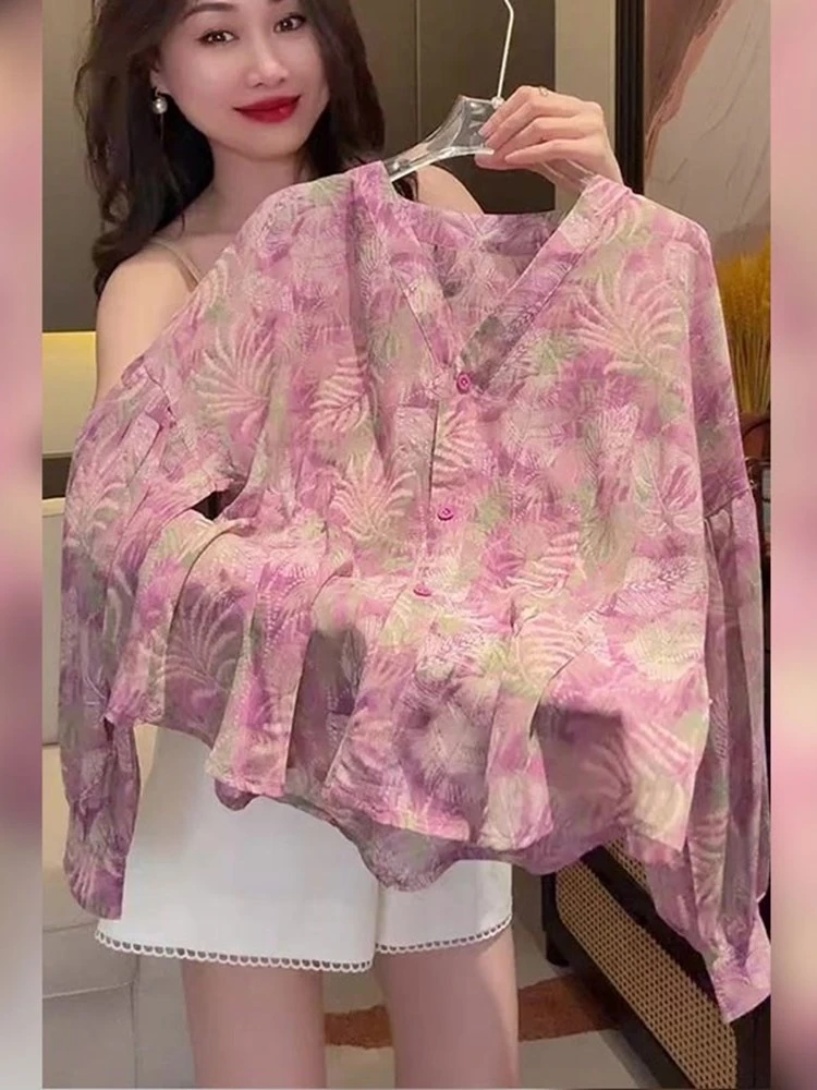 韩版轻奢V领单排扣长袖衫女2025年夏季新款薄款防晒休闲印花上衣