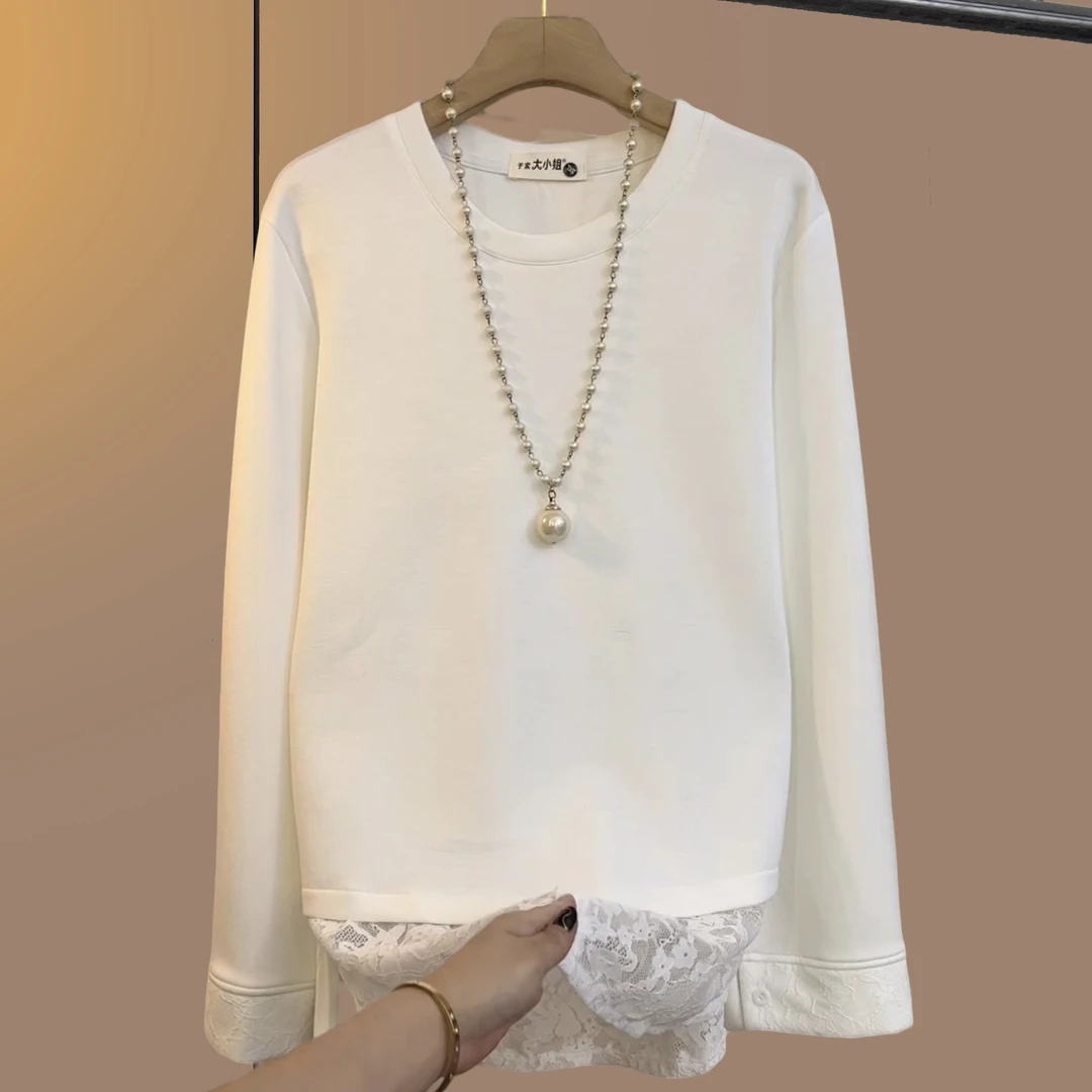 早秋季大码女装胖妹妹气质拼接蕾丝宽松时尚减龄百搭上衣白色大衫