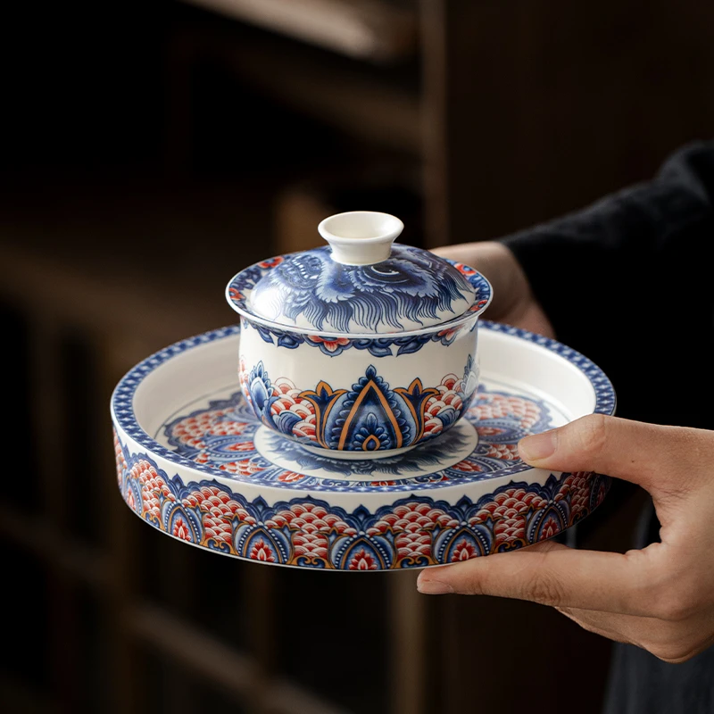 青花醒狮釉里红悬停旋转布袋三才盖碗陶瓷壶承泡茶碗复古功夫茶具