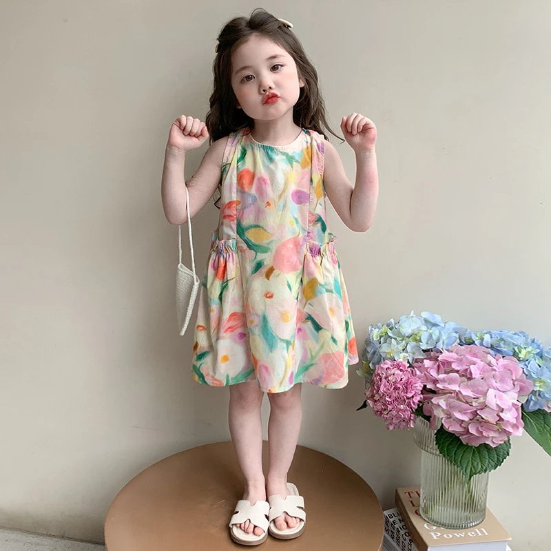 女童碎花无袖连衣裙洋气儿童夏季2025新款女宝宝背心裙子小女孩潮