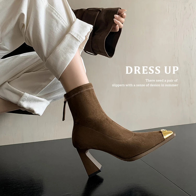 羊翻皮~8cm高跟粗跟短靴女春秋单靴2025新款金属方头后拉链瘦瘦靴