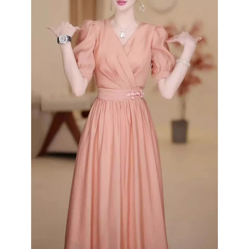 高级轻奢纯欲风连衣裙2025夏季新款气质女神范泡泡袖收腰显瘦长裙