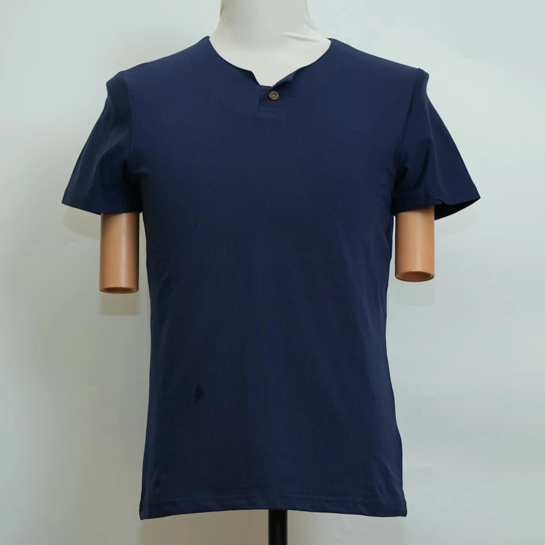 29625-纯色领口单纽扣简约短袖t恤美式