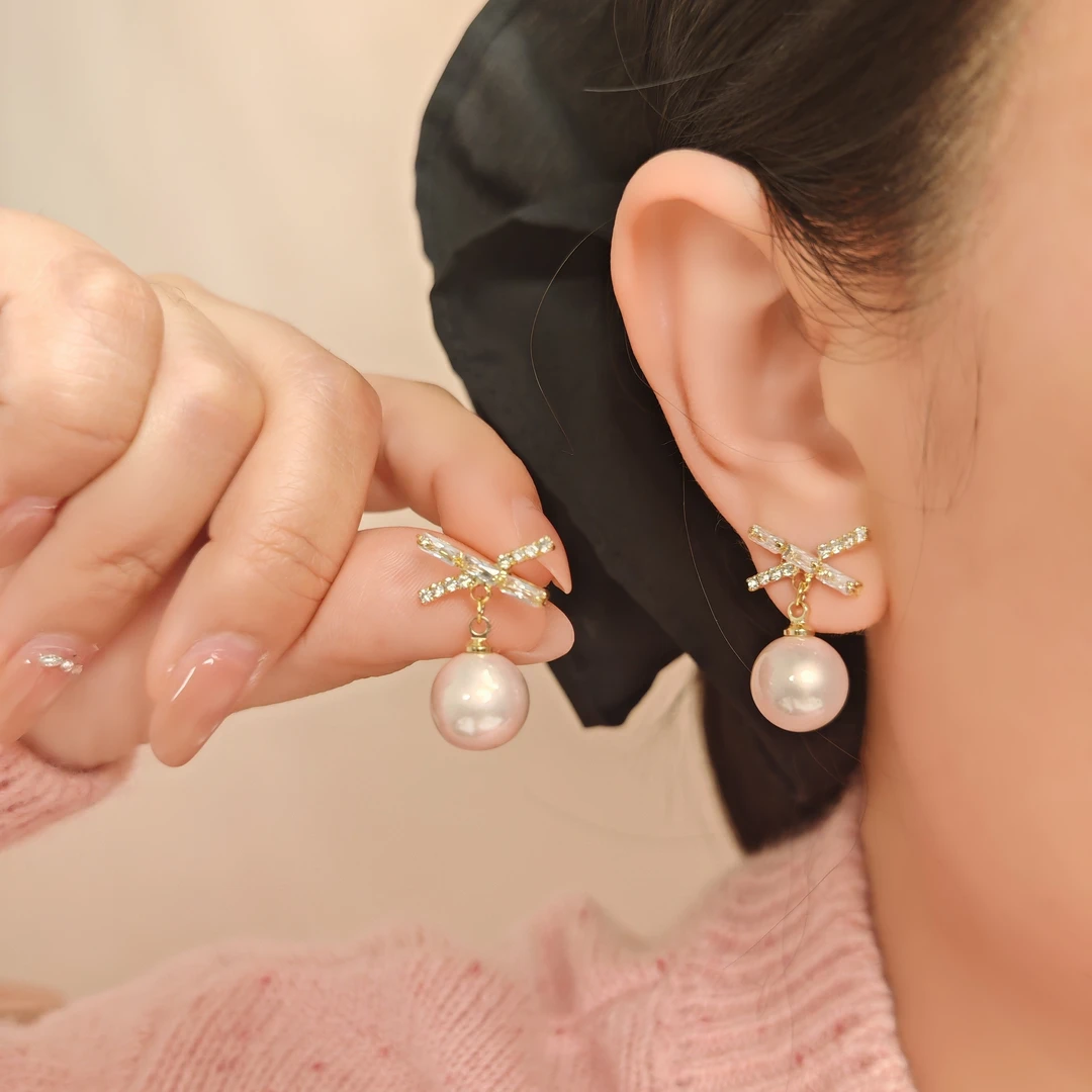 铜合金锆石耳饰 S&L06交叉珍珠独特气质百搭优雅简约耳饰镶钻