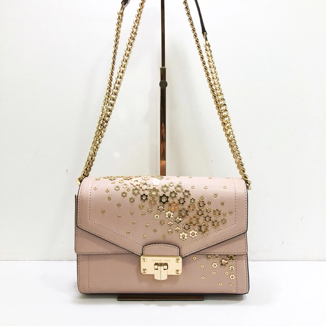 95新  MK粉色全皮花朵铆钉链条包