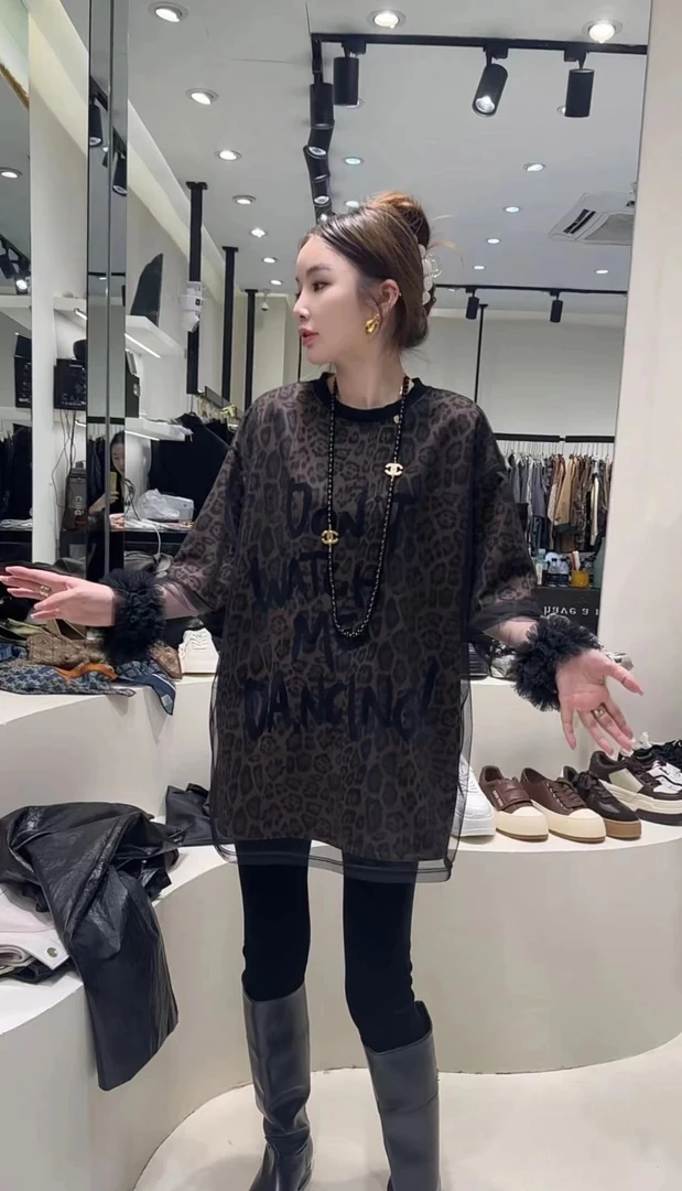 欧洲站2024秋季新款欧货时尚豹纹假两件金丝绒拼纱宽松显瘦T恤