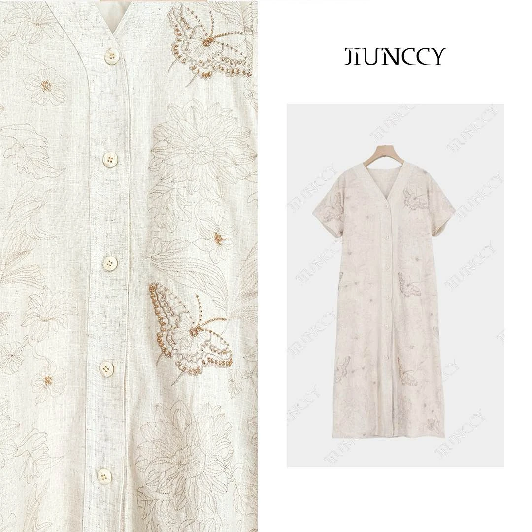 JIUNCCY【梦锦】高支密亚麻棉重工刺绣手工串珠管绣连衣裙52YLYQ018