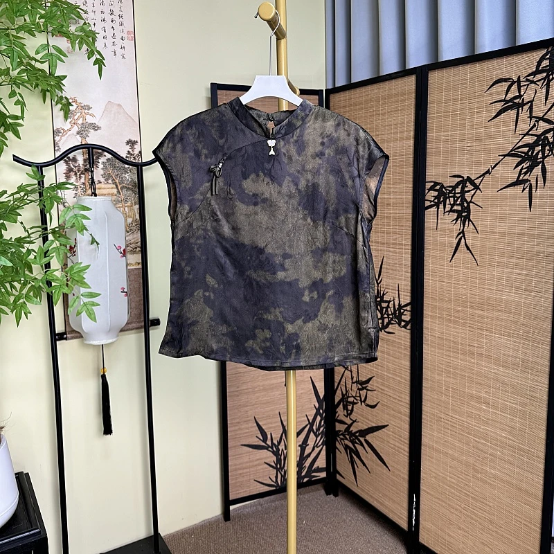 【香花藤】2025新中式短袖时尚宽松复古夏季扎染提花香云纱重磅