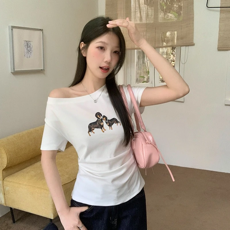 2025夏装新款胖mm大码女辣妹时尚露肩印花小狗修身显瘦短袖T恤女